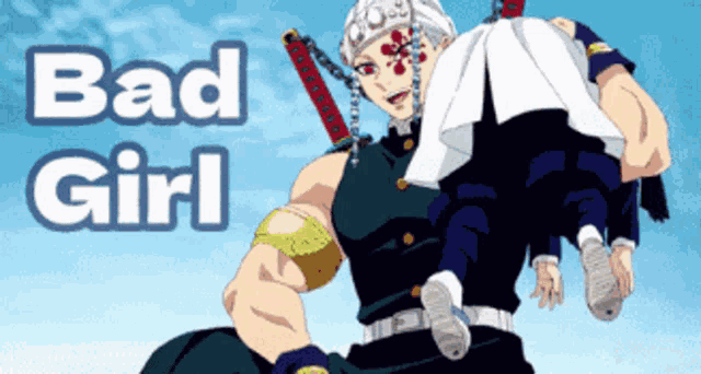 a picture of a man holding a child with the words bad girl below it