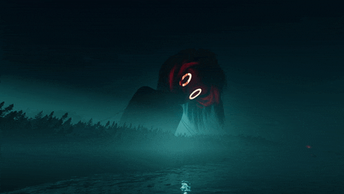 a giant monster with glowing eyes is standing in the middle of a forest