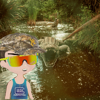 a boy wearing a glock perfection tank top stands in a swamp