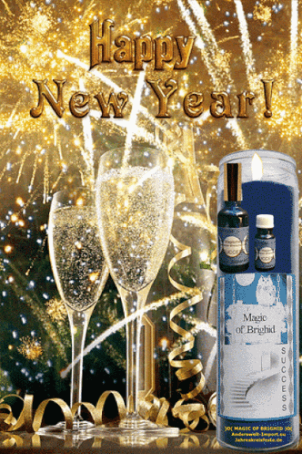 a happy new year greeting card with a bottle of magic of brighted