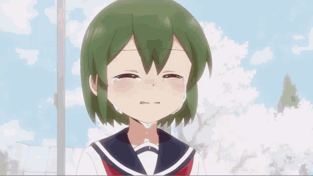 a girl with green hair is crying in front of a cherry blossom tree