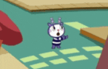 a cartoon character with a surprised look on his face is standing on a sidewalk .