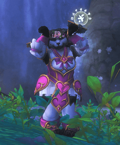 a computer generated image of a panda bear in a pink and gold costume
