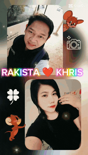 a man and a woman are standing next to each other with the words rakista khris above them
