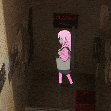 a girl in a pink sweater is walking in front of a sign that says closed