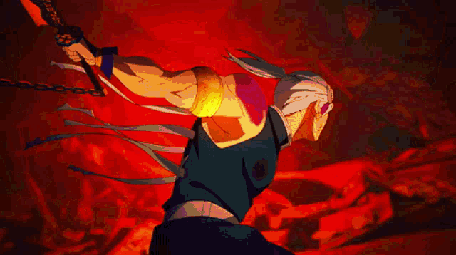 a cartoon character is holding a large sword in a red room .