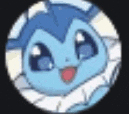 a close up of a blue pokemon in a circle with a red tongue .