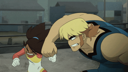 a man and a girl are fighting in a cartoon scene