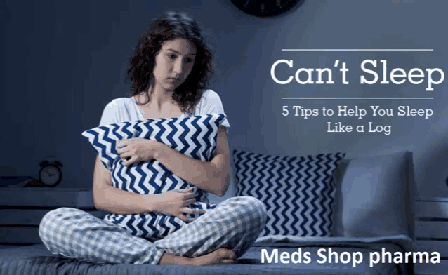 a woman is sitting on a bed holding a pillow with the words can 't sleep