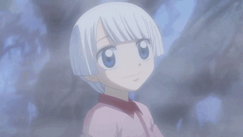 a girl with pink hair and white eyes is wearing a scarf around her neck