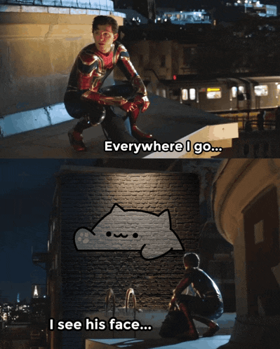 a man in a superhero costume says " everywhere i go ... i see his face "