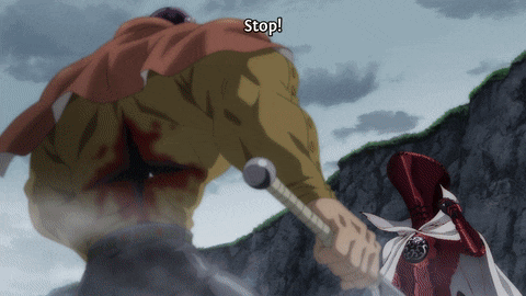 a man is holding a sword with the word stop written above him