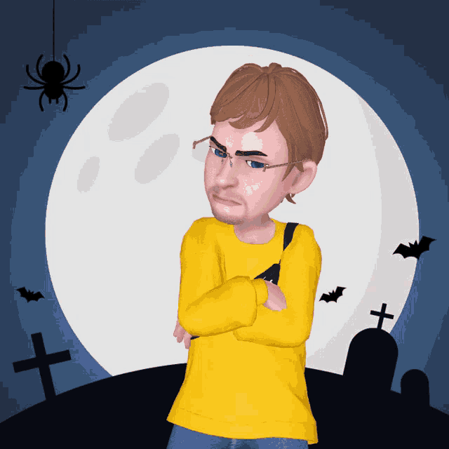 a cartoon of a man in a yellow shirt with his arms crossed