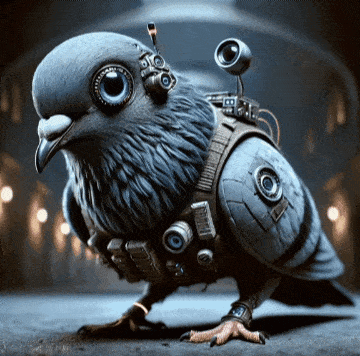 a pigeon is wearing a robotic vest with a camera on its back