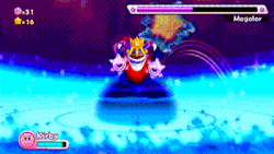a screenshot of a video game shows a character named kirby fighting a purple and yellow character named magolex