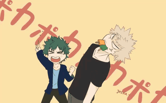 a drawing of a boy with green hair and a boy with white hair with the name jenna on the bottom right