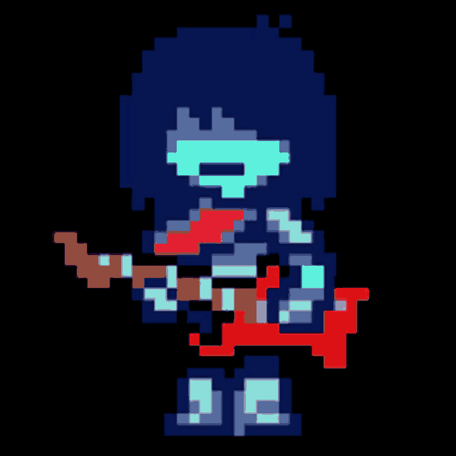 a pixel art of a person holding a red guitar