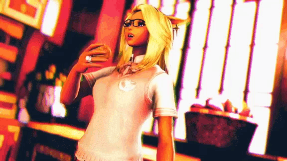 a woman with blonde hair and glasses is wearing a white shirt with a heart on it