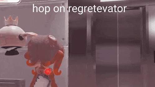a cartoon character is standing in front of a refrigerator with the words `` hop on regretelator '' written on the bottom .