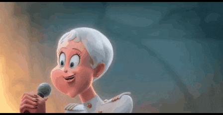 a cartoon woman is singing into a microphone and smiling .