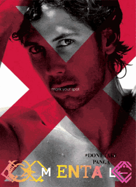 a man 's face is surrounded by red and white triangles with the words " mark your spot " on the bottom