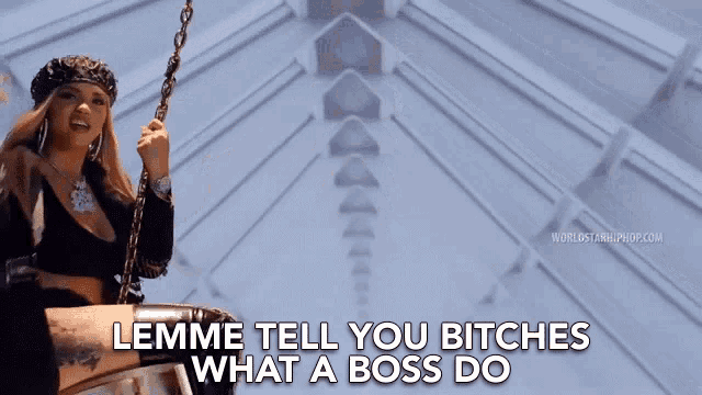 a woman sitting on a swing with the words lemme tell you bitches what a boss do