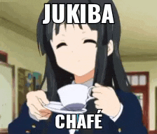 a girl is holding a cup of coffee with a caption that says ju kiba chafe .
