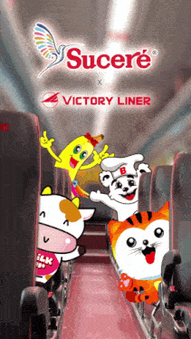 a poster for sucre x victory liner shows cartoon characters on a bus