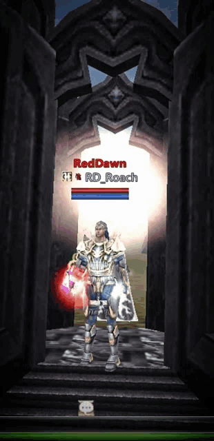 a video game character named reddawn stands in front of a doorway