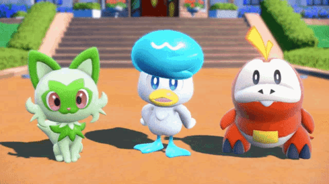 three cartoon characters are standing next to each other in front of a building