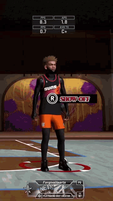 a basketball player in a suns jersey stands on the court