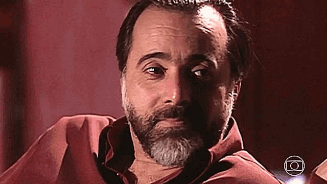 a man with a beard is wearing a red shirt and has a circle around his head