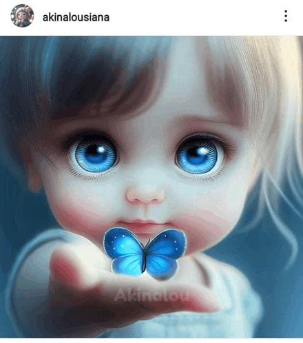 a painting of a baby with blue eyes holding a blue butterfly in her hand
