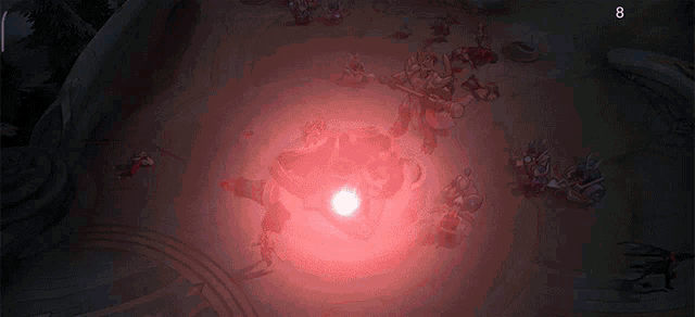 a video game scene with a red light and the number 8