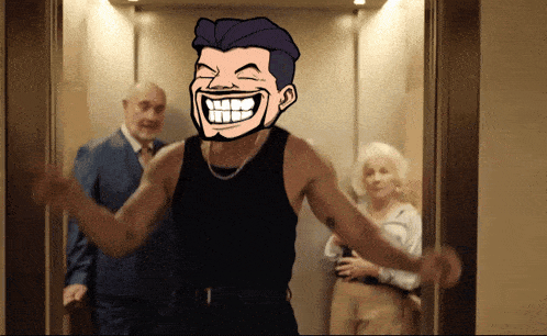 a man in a black tank top with a big smile on his face is in an elevator