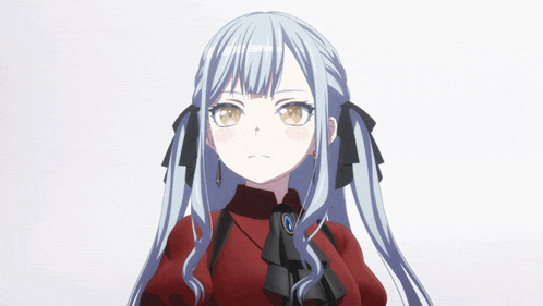 a girl with long blue hair is wearing a red dress