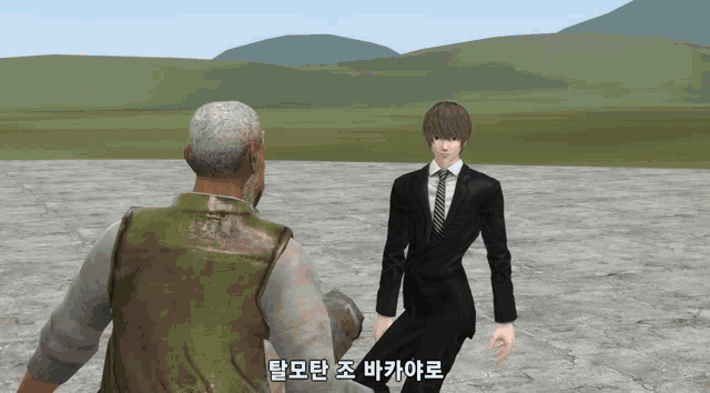 a man in a suit and tie stands next to a man in a green vest