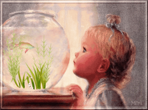 a little girl looking at a fish in a bowl