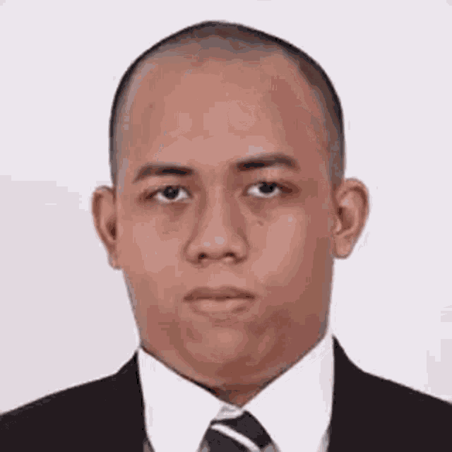 a bald man in a suit and tie is looking at the camera .