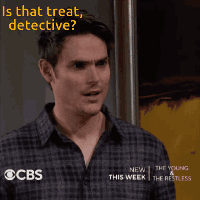 a man in a plaid shirt says " is that treat, detective "