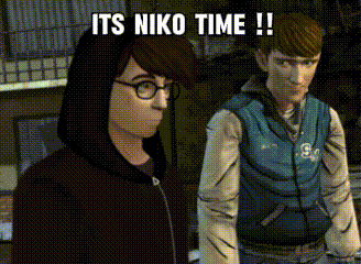 two cartoon characters standing next to each other with the words " it 's niko time !! "