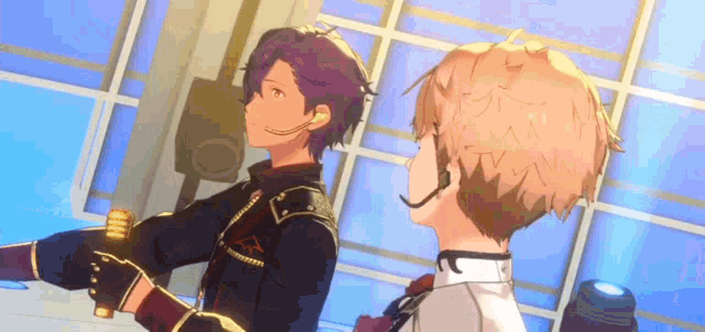 two anime characters are standing next to each other in front of a window .