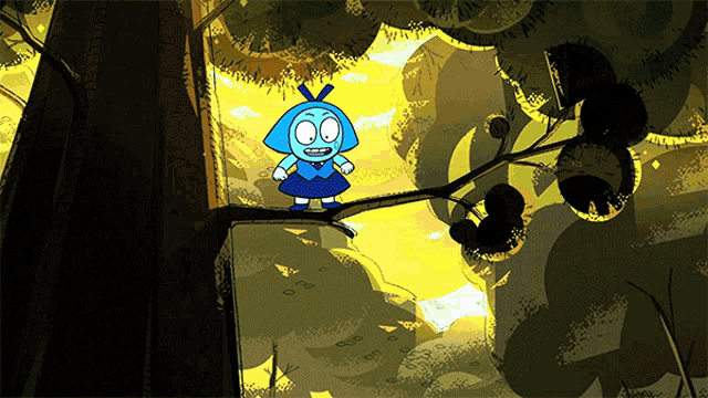 a cartoon character is standing on a tree branch in the woods