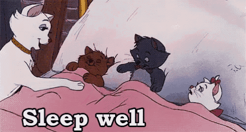 a cartoon of three cats laying on a bed with the words " sleep well " below them