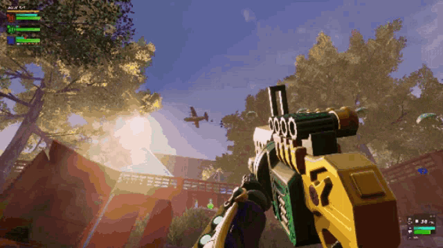 a screenshot of a video game shows a plane flying in the background
