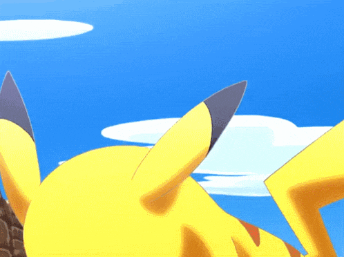 a pikachu looking up at the sky with a blue background