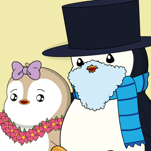 a penguin wearing a top hat and scarf stands next to a penguin wearing a flower lei