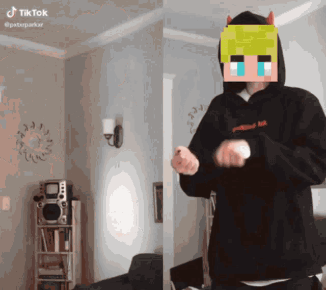 a tiktok video of a person wearing a hoodie with a pixelated face on it