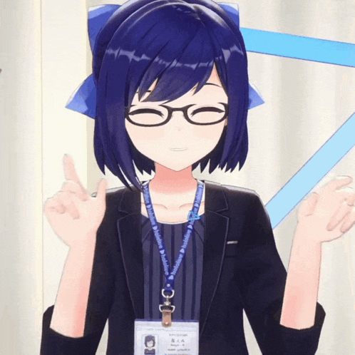 a girl with blue hair and glasses is wearing a lanyard that says hatsune miku