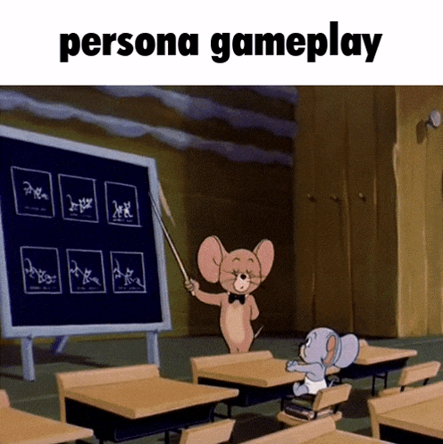 a cartoon of tom and jerry in a classroom with the words persona gameplay on the bottom